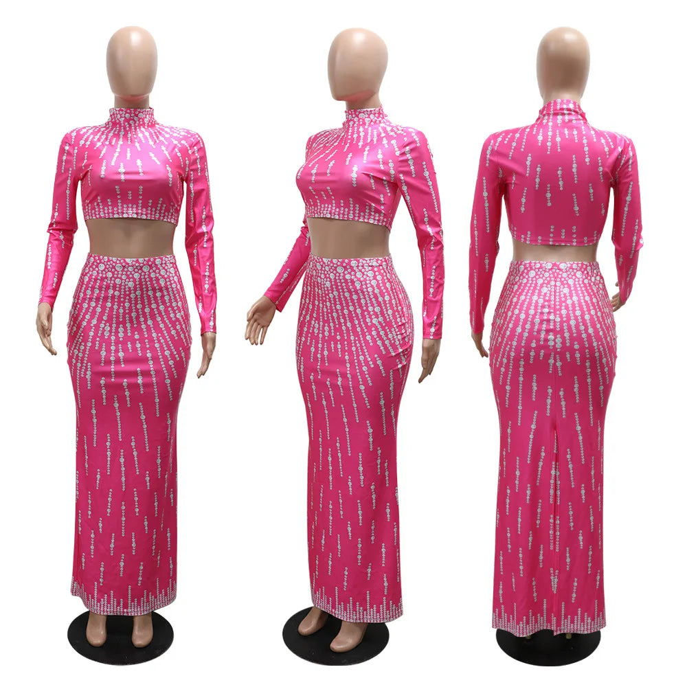 CM.YAYA Women Set Street long sleeve Print Crop Tops + High Waist Long Skirts Suits Sexy Party Holiday Two 2 Piece Sets Dress - JN Fashion Fusion