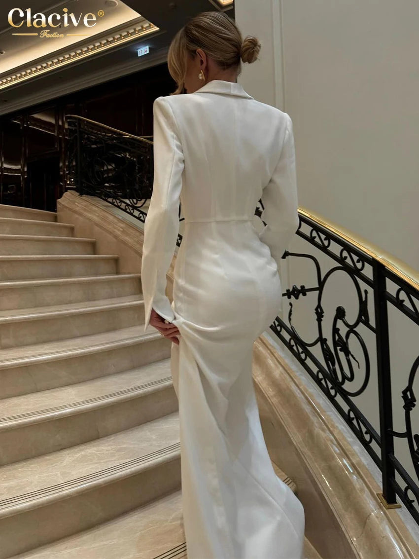 Clacive Fashion Slim White Dress Bodycon Lapel Long Sleeve Ankle Length Dress Party Elegant Classic Slit Dresses For Women 2024 - JN Fashion Fusion