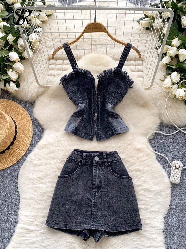 SINGREINY American Hotsweet Denim Suits Zipper Skinny Mini Top+High Waist Bodycon Skirt Women Summer Streetwear Two Piece Sets