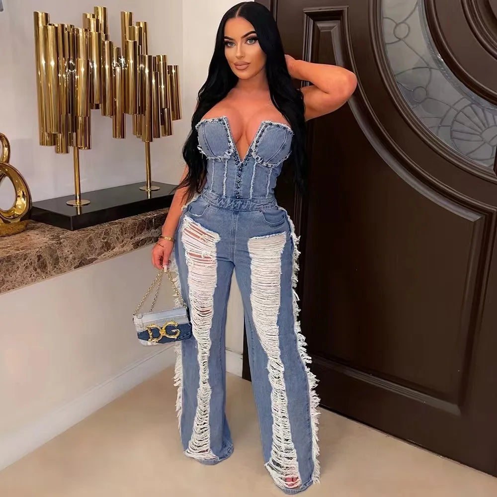Jumpsuits Women One Piece Strapless Denim Overalls Hole Long Pants Mom Jeans Sexy High Waist Rompers Y2k Streetwear Party