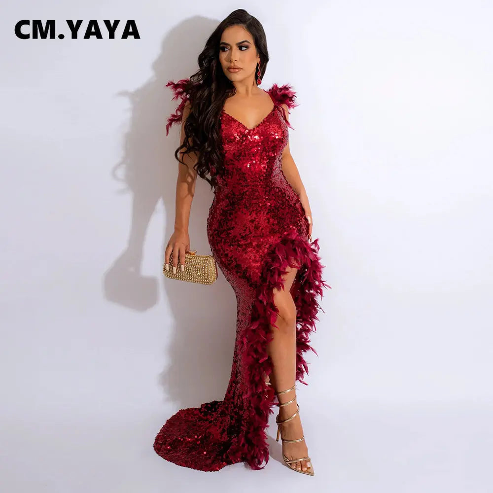 CM.YAYA Women Sequined Spaghetti Strap Feather Hem High Side Slit Mermaid Trumpet Bodycon Midi Evening Sexy Party Maxi Dresses - JN Fashion Fusion