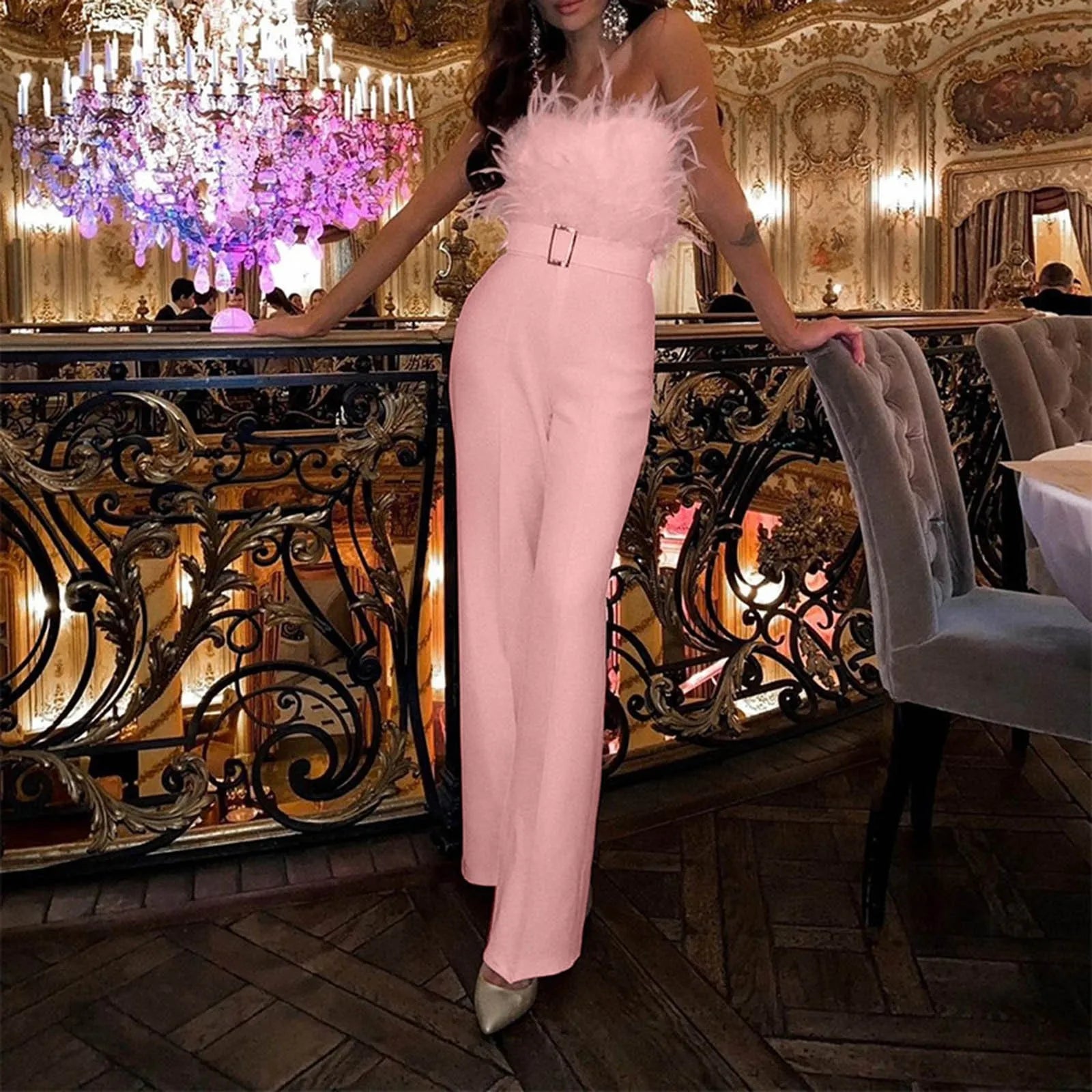 Women Jumpsuit Feather Tube Top Sexy Evening Party Jump Suits Sleeveless High-waisted Straight Playsuits Night Clubwear Overalls - JN Fashion Fusion