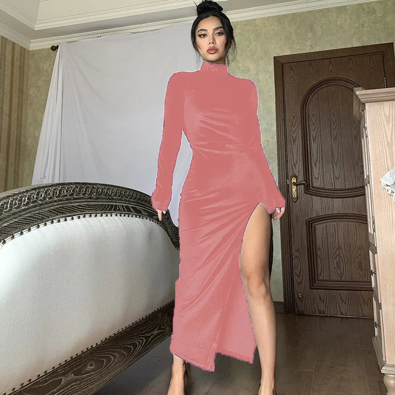 Women's autumn and winter style high-necked long-sleeved velvet dress slim pleated slit dress - JN Fashion Fusion