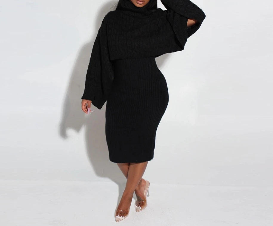 Women's Sweater Dress Set Autumn Winter New 2025 Solid Turtleneck Ribbed Sweater & Knitted Strap Dress Sets Matching Outfit - JN Fashion Fusion