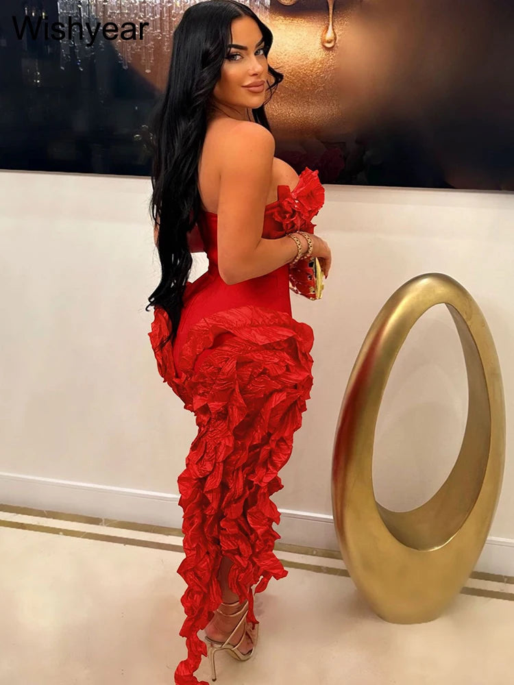 Sexy Girls Flower Irregular Party Long Dress Women Fall Strapless Ruffles Tassel Celebrities Elegant Birthdaay Prom Club Vestido