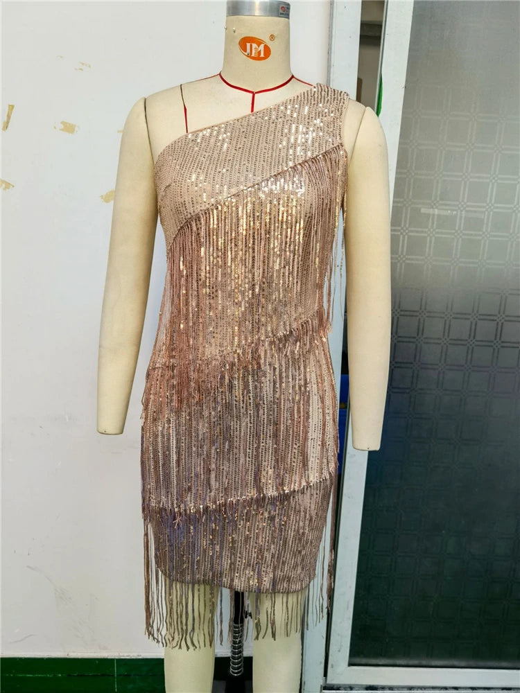 HBLL Real Photo Luxury Flapper Dress Sequin Fringe Tassel Dress Sexy One Shoulder Cocktail Latin Dance Ballroom Birthday Dress