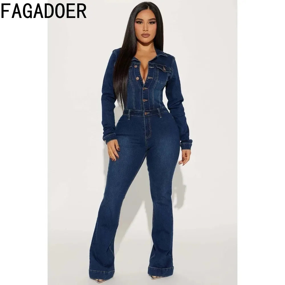 FAGADOER Fashion Denim Elastic Flared Pants Jumpsuits Women Turndown Collar Button Long Sleeve Playsuits Female Cowboy Overalls - JN Fashion Fusion