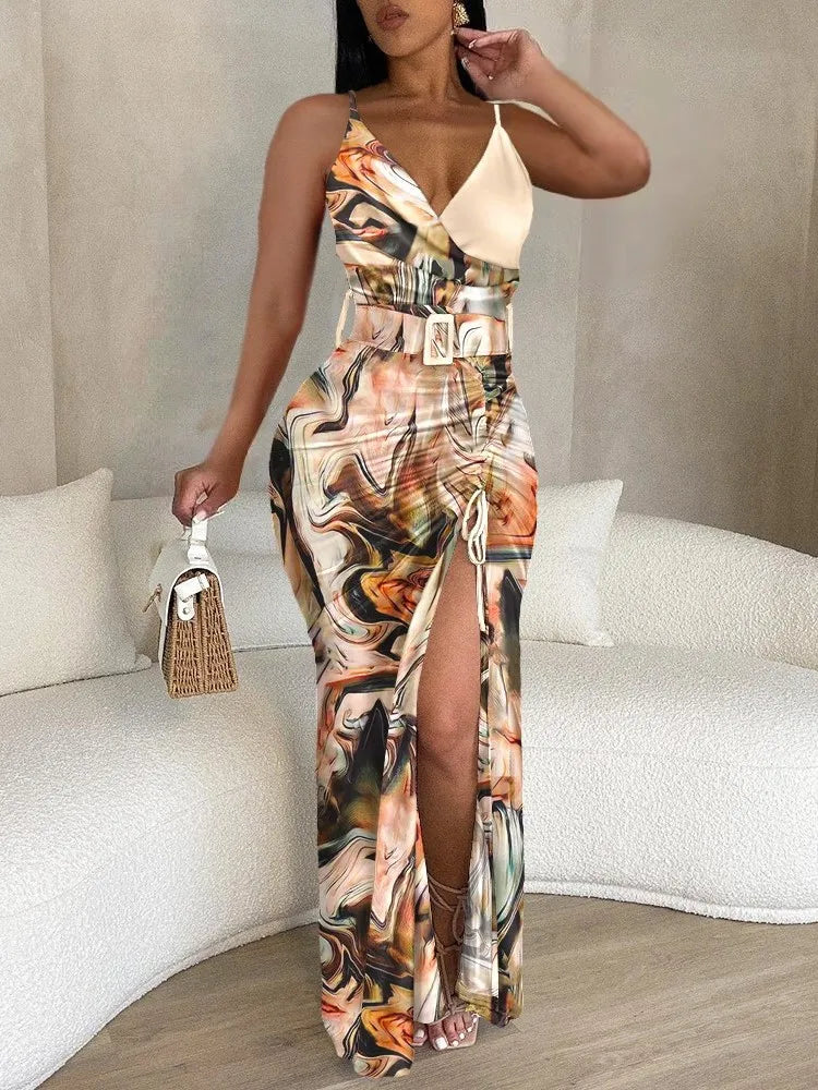 New 2023 Spring Summer Women's Strap Dress Casual Fashion Print V-neck Strap Slim Fit Sexy Split Drawstring Women's Strap Dress - JN Fashion Fusion