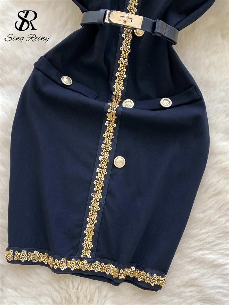 SINGREINY French Senior Short Dress Ladies V Neck Halter Backless With Belt Slim Sundress Beading Sequins Fashion Chic Dress - JN Fashion Fusion