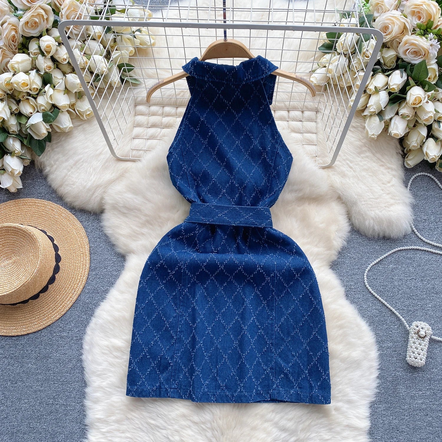 Summer Women Plaid Denim Dress Vintage Style Sleeveless Temperament Single Breasted Slim Short A-line Jeans Dress Sundress - JN Fashion Fusion