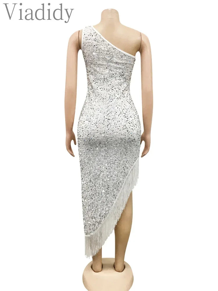 Women Sexy One Shoulder Sleeveless Sequined Irregular Tassels Hem Slim Party Dress