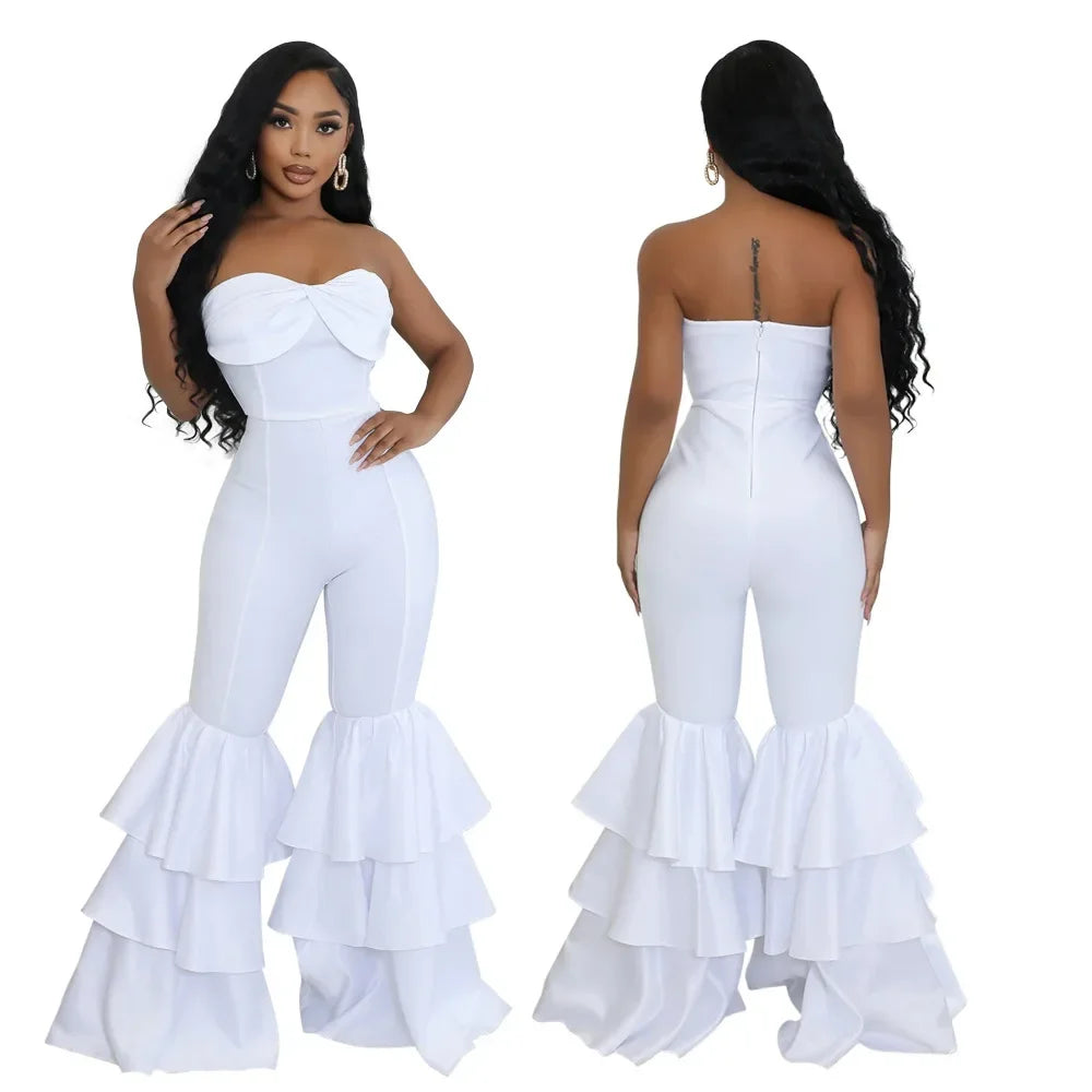 Jumpsuits Strapless Women Sleeveless Sexy Rompers One Piece Overalls Slim Fit Long Pant Ruffles Patchwork Elegant Lady - JN Fashion Fusion