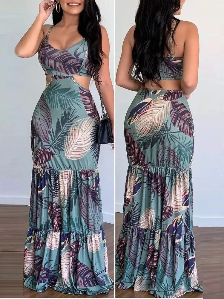 Casual Women's V-neck Pencil Sleeveless Bodycon Long Dress Summer Fashion Floral Spaghetti Strap Back Hollow Out Slim Maxi Dress - JN Fashion Fusion