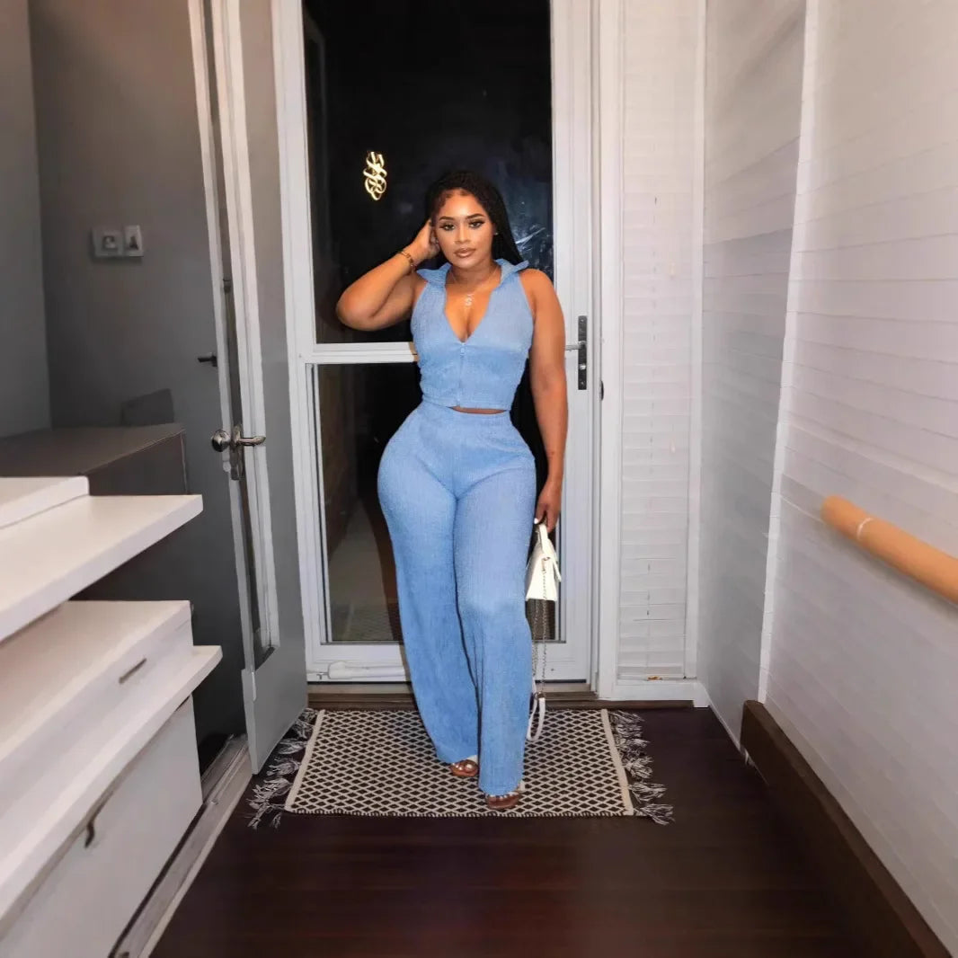 Women's Two-piece Lapel Sleeveless Top Pleated Casual Pants Set for Summer 2025 - JN Fashion Fusion