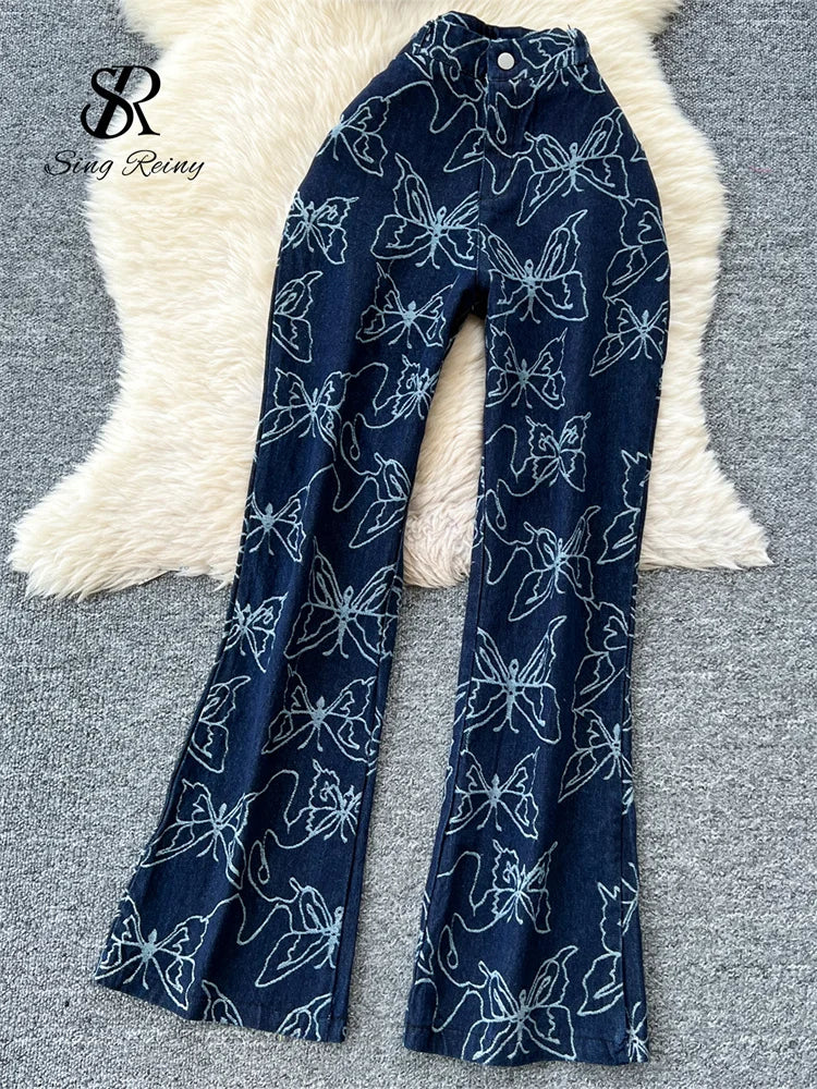 SINGREINY Butterfly Print Denim Two Pieces Sets 2025 Halter Strapless Sim Camis+Wide Legs Long Pant American Retro Fashion Suits - JN Fashion Fusion