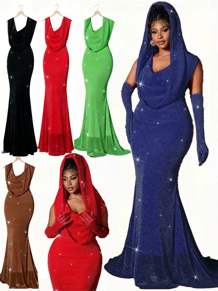 New sequined Hooded Sleeveless Maxi Dress Fishtail Hem Elegant Wedding Guest Dress Plus Size Women's Sexy Slim Dresses In Party