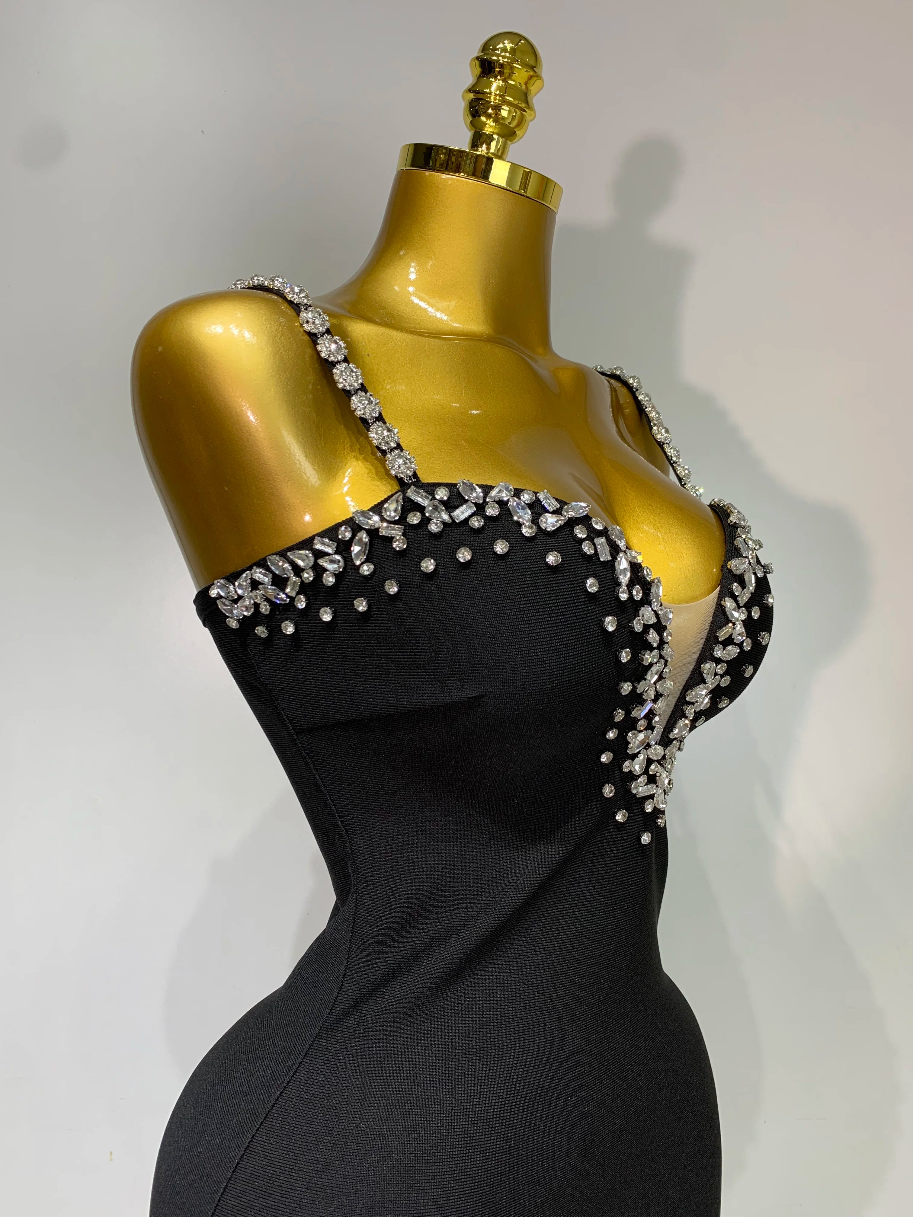 Women Sexy Sling V-neck Black Mini Bodycon Bandage Dress Luxury 2025 Celebrity Evening Club Celebrity Elegant Party Gowns - JN Fashion Fusion