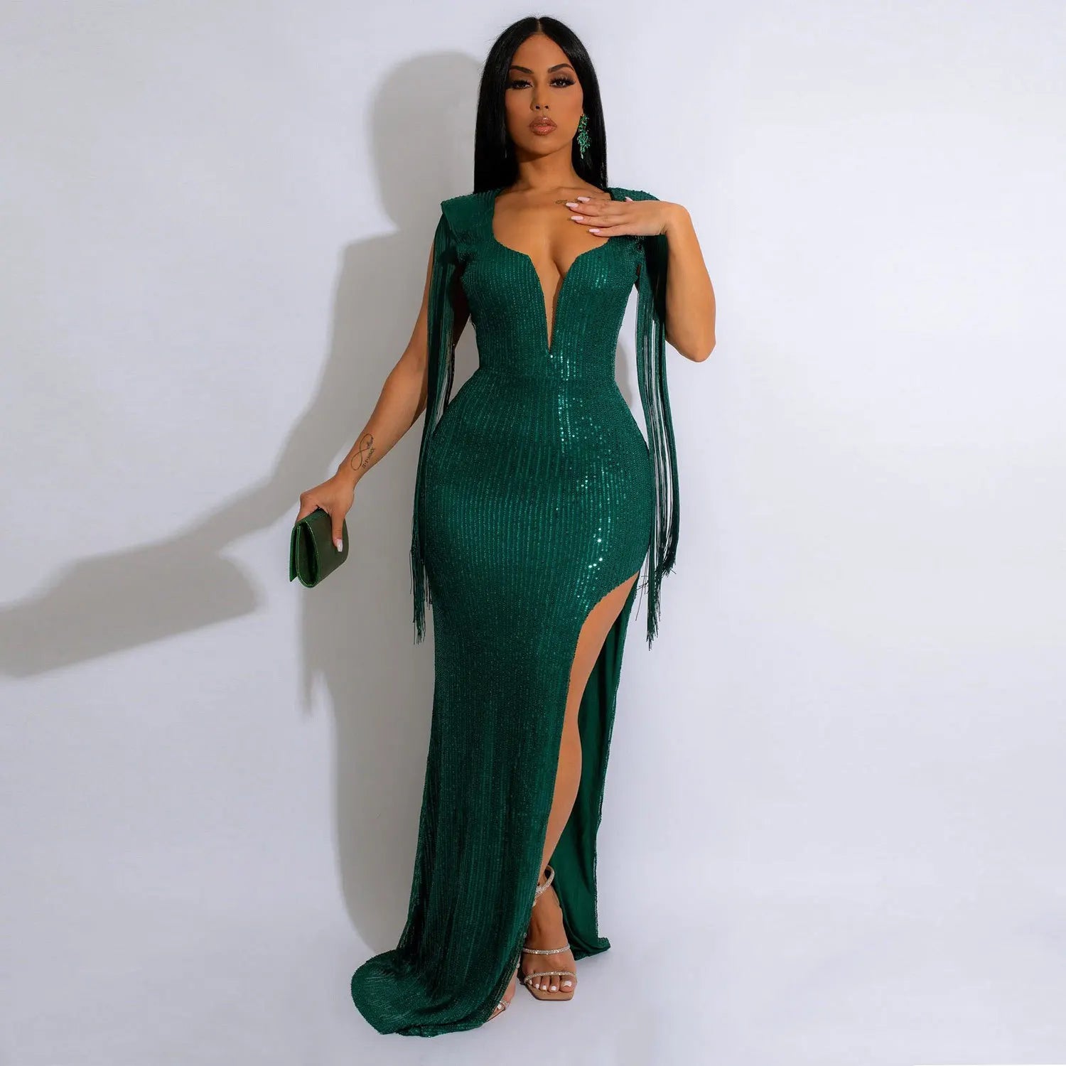 CM.YAYA Women Sequined Tassel Sleeve High Side Slit Midi Maxi Long Dress Autumn Winter Sexy Prom Party Evening Bodycon Dresses - JN Fashion Fusion