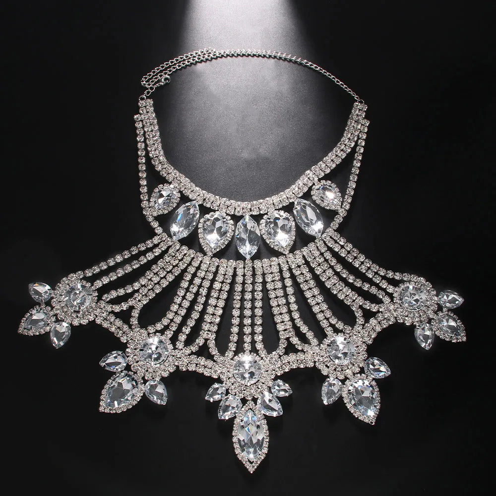Exaggerated Rhinestone Crystal Necklace Set Water Drop for Women Dubai Multi Layer Tassel Bridal Jewelry Set Necklace Earrings - JN Fashion Fusion