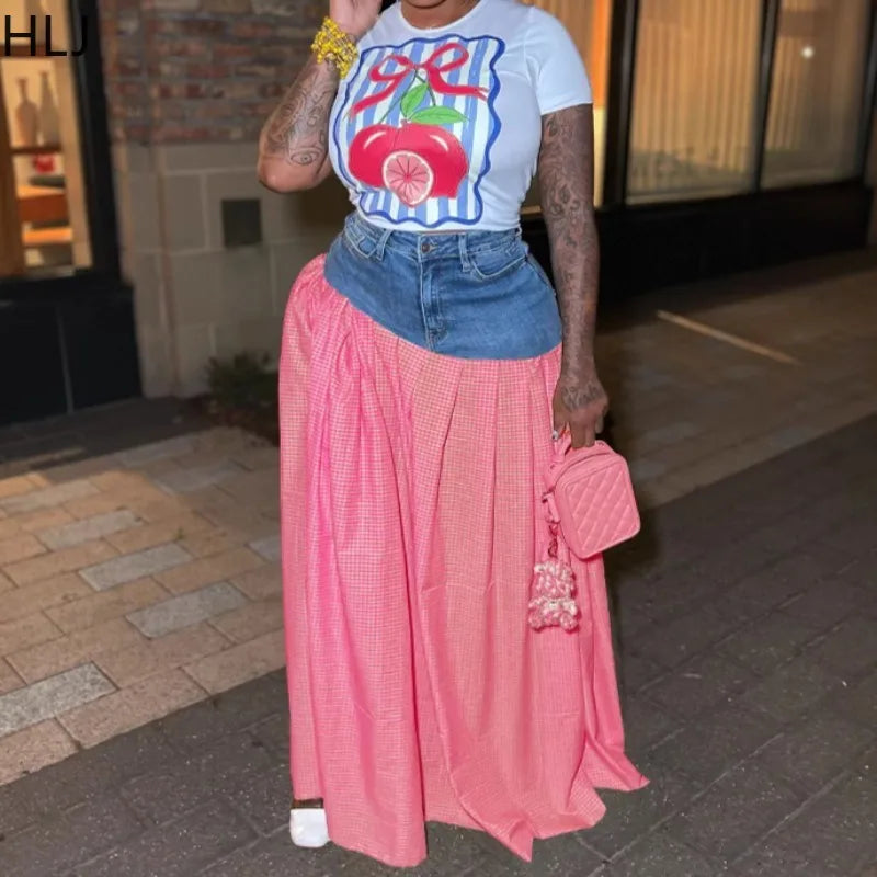 HLJ Y2K Streetwear Fashion Baddie 2 Piece Sets Outfits Hot Girl Short Sleeve T-shirt and Denim Patchwork Plaid Skirt Matching - JN Fashion Fusion