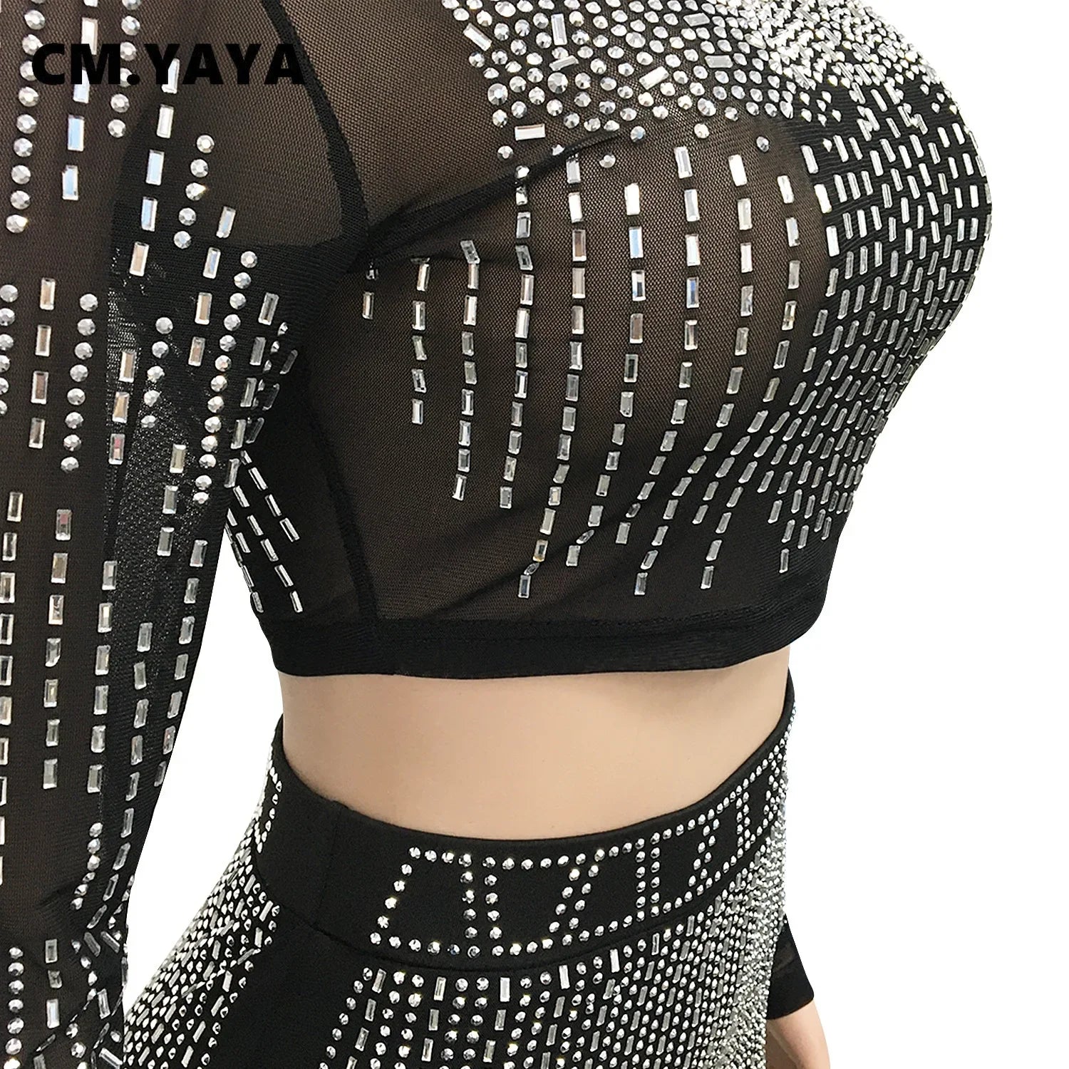 CM.YAYA Women Mesh See Though Hot Rhinestones Diamonds Patchwork Maxi Midi Dress Sexy Party Long Skirts Suit Matching Set - JN Fashion Fusion