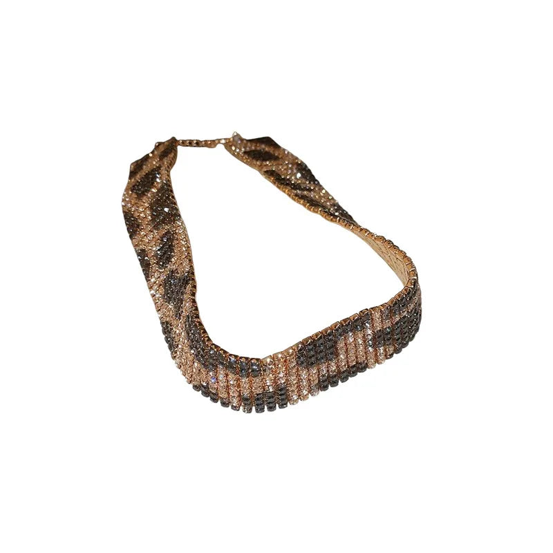 Women's Fashion Jewelry Set with Leopard Print and Inlaid Rhinestone Long Tassel Earrings and Statement Necklace and Bracelet - JN Fashion Fusion