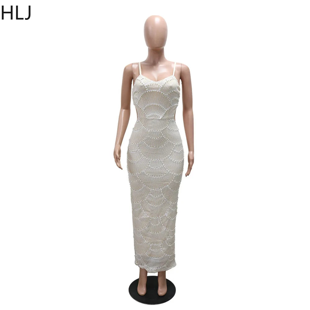 HLJ Sexy Sequin Hollow Bodycon Spaghetti Strap Evening Party Dresses Women Round Neck Sleeveless Slim Vestidos Fashion Clothing - JN Fashion Fusion