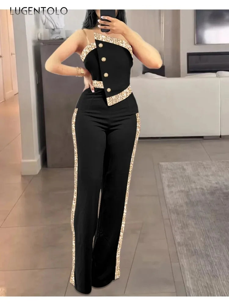 Women Contrast Sequin Jumpsuit Sexy Strapless Jumpsuits Lady Elegant Party 2025 Button Decor Casual Wide Leg Rompers - JN Fashion Fusion