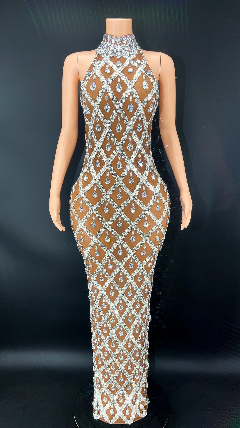 Elegant Dark Mesh Celebrate Evening Wedding Prom Gown Birthday Dress Photograph Wear Sparkly Rhinestones Sleeveless Long Dress - JN Fashion Fusion