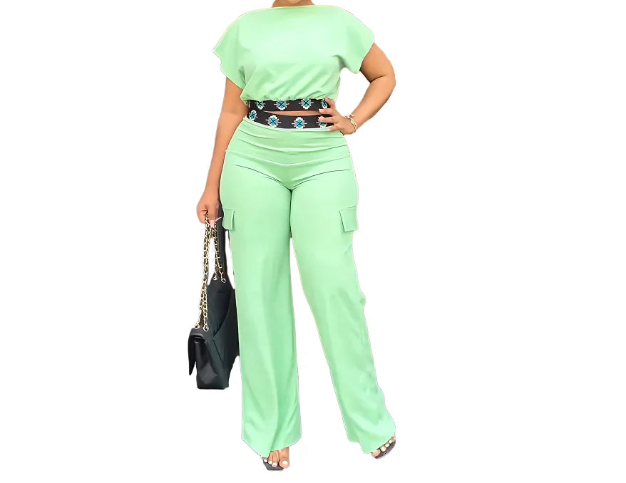 Two Piece Sets Women Outifit 2023 Summer Fashion Geometric Print Boat Neck Short Sleeve Crop Top & Casual Pocket Daily Pants Set - JN Fashion Fusion