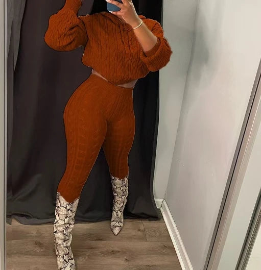 2 Piece Sets Womens Outfits Fashion Long Sleeve Cable Knit Hooded Sweater & Pants Suit Streetwear 2024 Autumn Winter Casual New