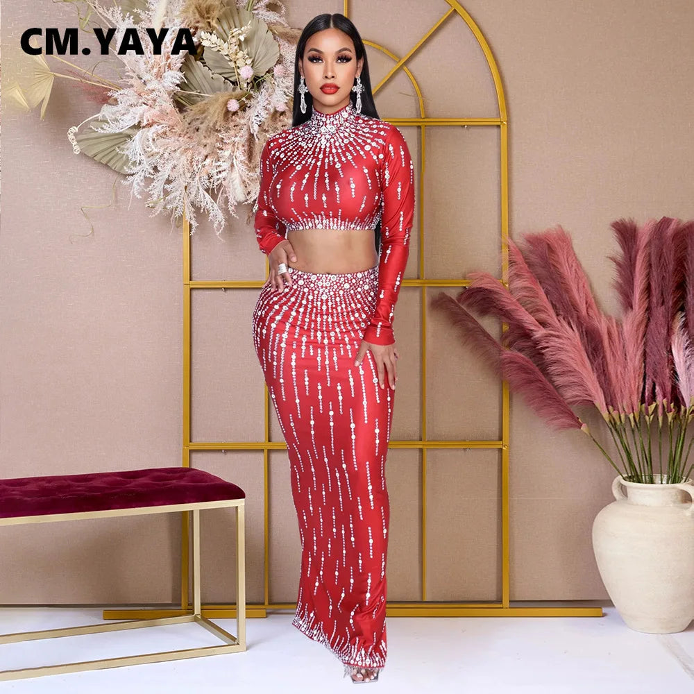 CM.YAYA Women Set Street long sleeve Print Crop Tops + High Waist Long Skirts Suits Sexy Party Holiday Two 2 Piece Sets Dress - JN Fashion Fusion