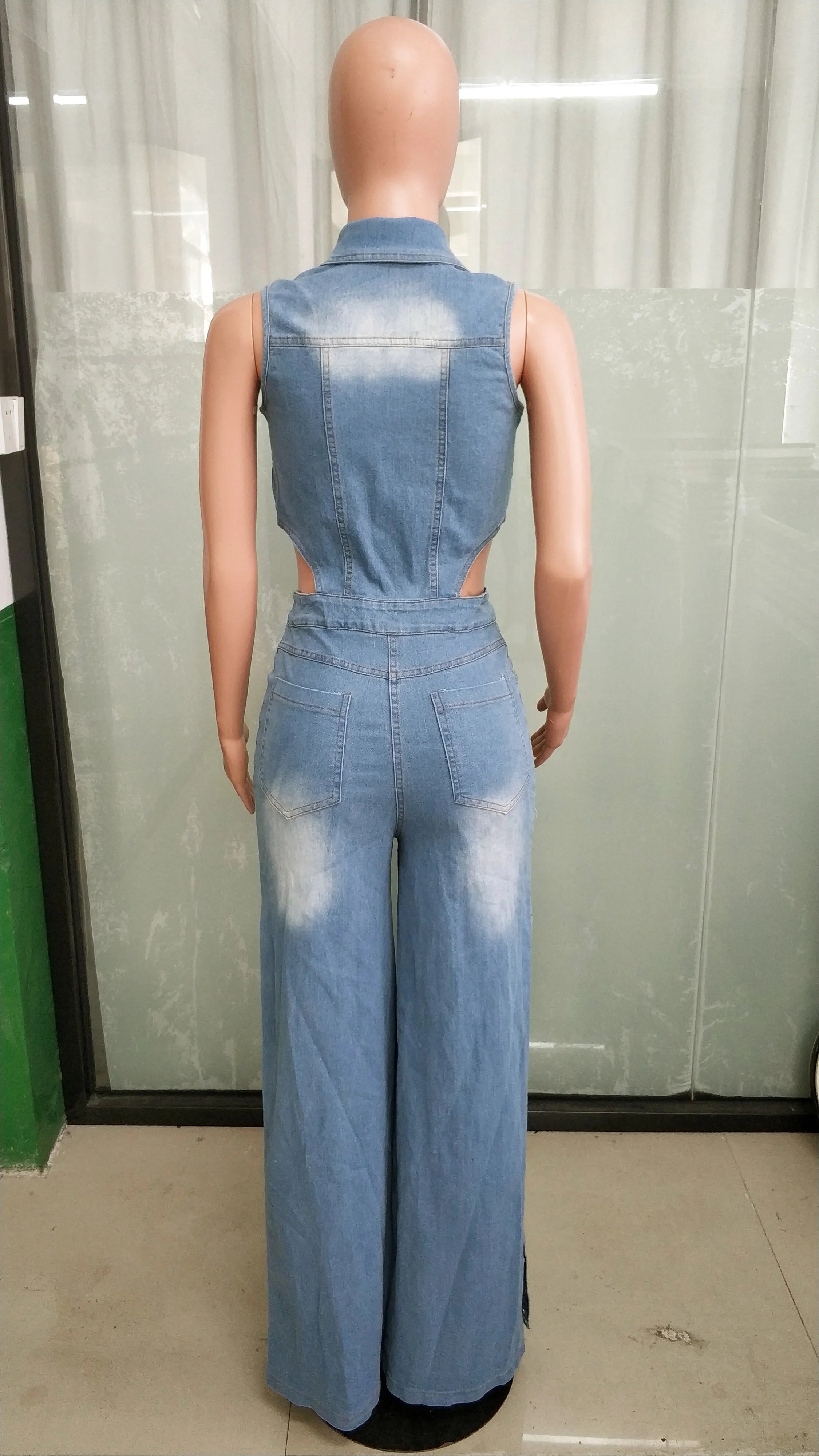 Hollow Out Jeans Cargo Jumpsuit Sexy Women Elegant Denim Stretch Casual Overalls Romper - JN Fashion Fusion