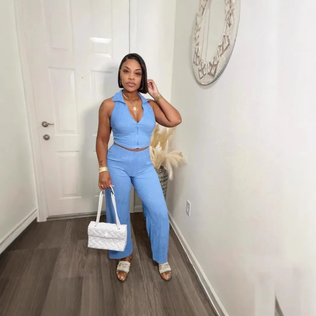 Women's Two-piece Lapel Sleeveless Top Pleated Casual Pants Set for Summer 2025 - JN Fashion Fusion