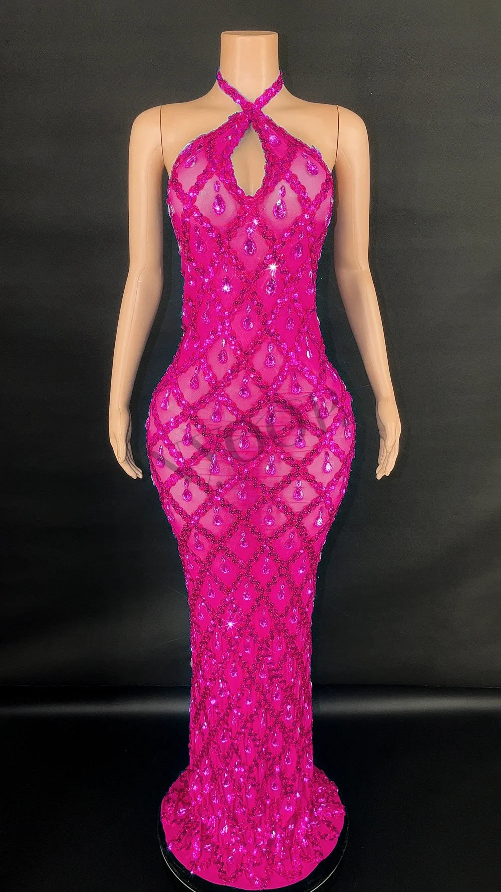 Sparkly Rhinestones Long Dress for Women Sexy V Neck Backless Mesh Transparent Celebrate Evening Wedding Prom Birthday Dress - JN Fashion Fusion