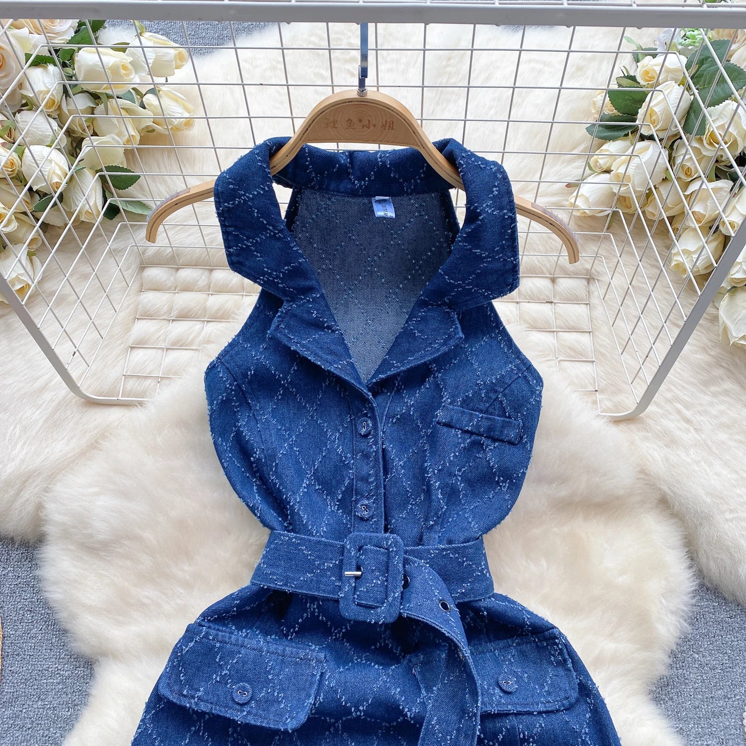 Summer Women Plaid Denim Dress Vintage Style Sleeveless Temperament Single Breasted Slim Short A-line Jeans Dress Sundress - JN Fashion Fusion
