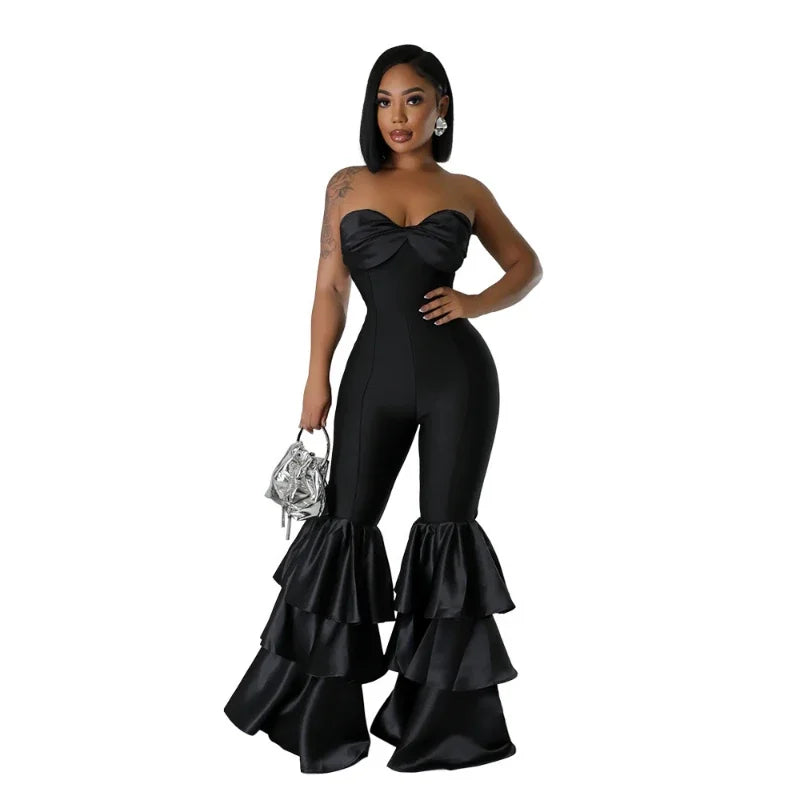 Jumpsuits Strapless Women Sleeveless Sexy Rompers One Piece Overalls Slim Fit Long Pant Ruffles Patchwork Elegant Lady - JN Fashion Fusion
