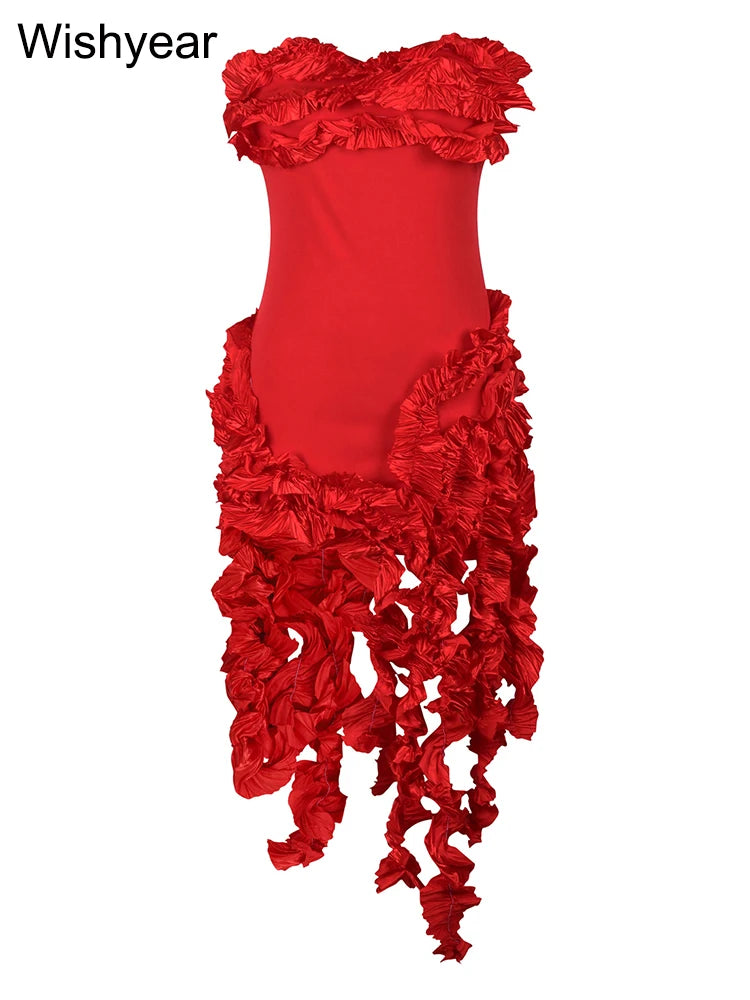 Sexy Girls Flower Irregular Party Long Dress Women Fall Strapless Ruffles Tassel Celebrities Elegant Birthdaay Prom Club Vestido