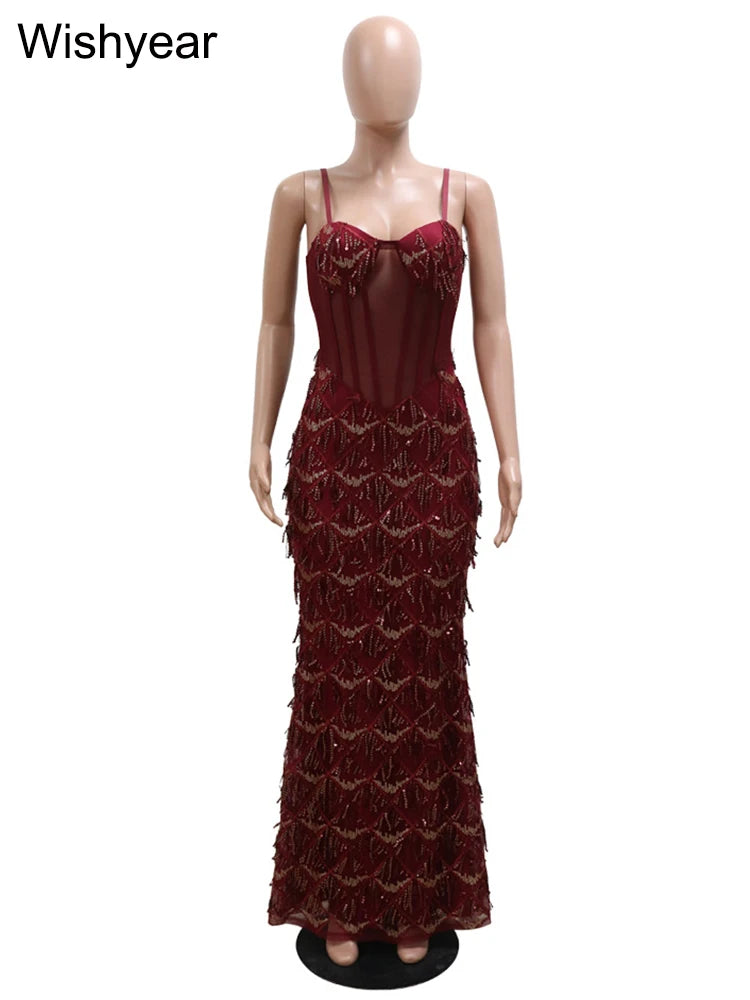 Wishyear Sexy Nightclub Birthday Even Party Dresses for Women Sequined Spaghetti Stap Mesh Patchwork Tunic Bodycon Maxi Vestidos - JN Fashion Fusion