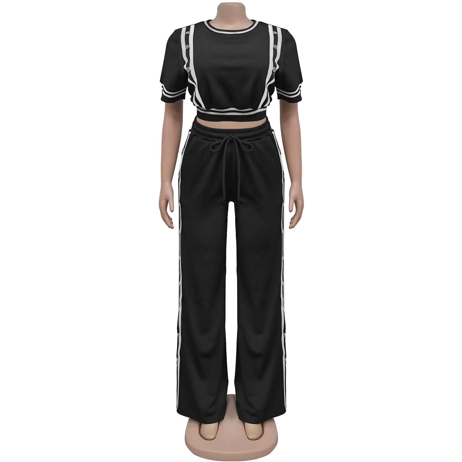 CM.YAYA Active Women's Set Striped Ribbon T-shirt + Side Button Split Long Pants Suit Sporty Two 2 Piece Sets Outfit Tracksuit - JN Fashion Fusion