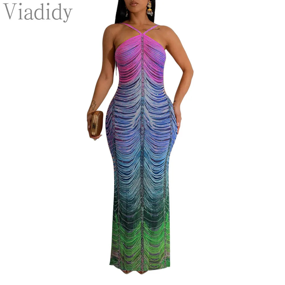 Women Sexy Print Sheer Mesh Sleeveless Spaghetti Strap Rhinestone Decor Floor-length Dress - JN Fashion Fusion