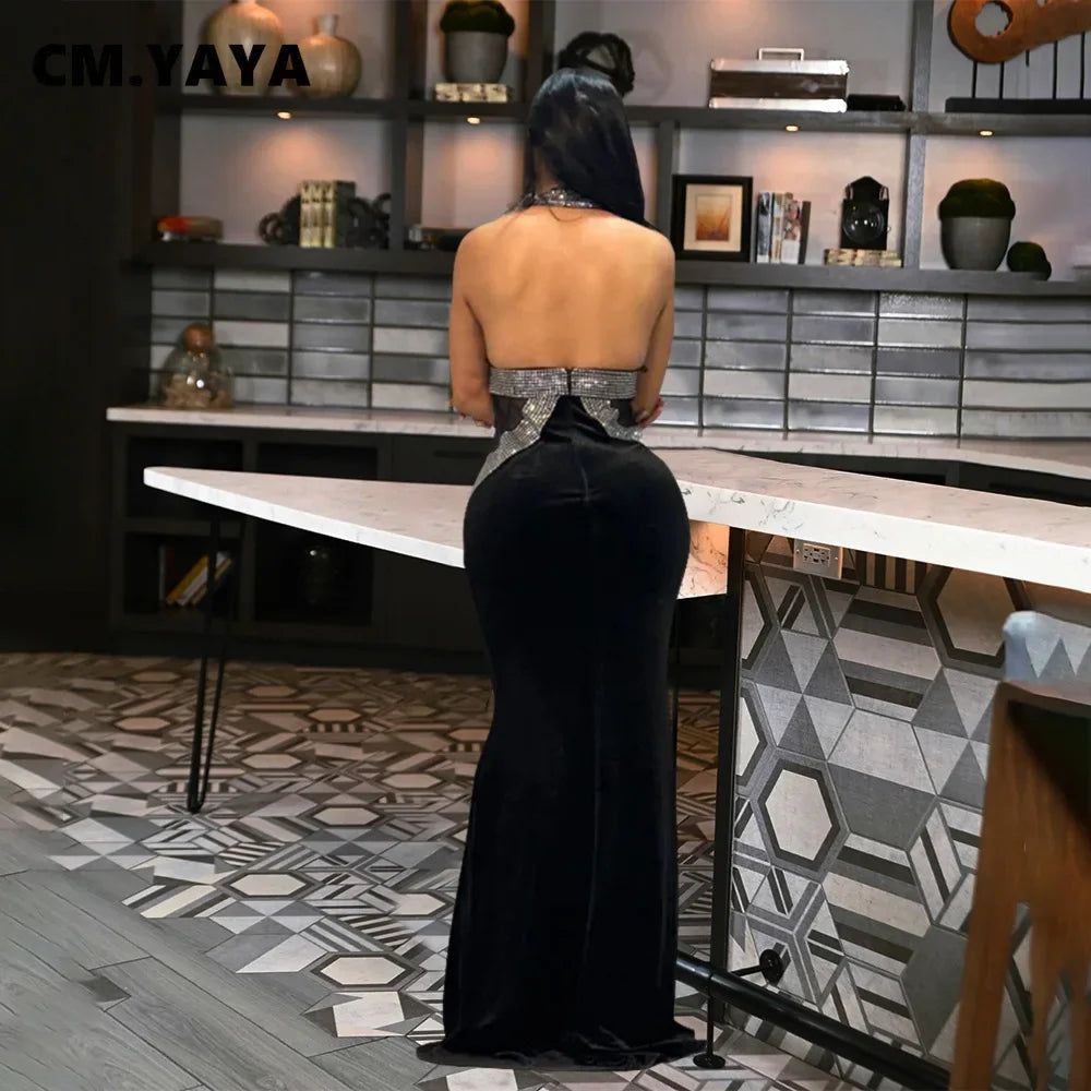 CM.YAYA Women Sleeveless Halter Diamonds Velvet Mermaid Long Dress 2025 Winter Evening Party Night Club V-neck Dresses Vestidos - JN Fashion Fusion