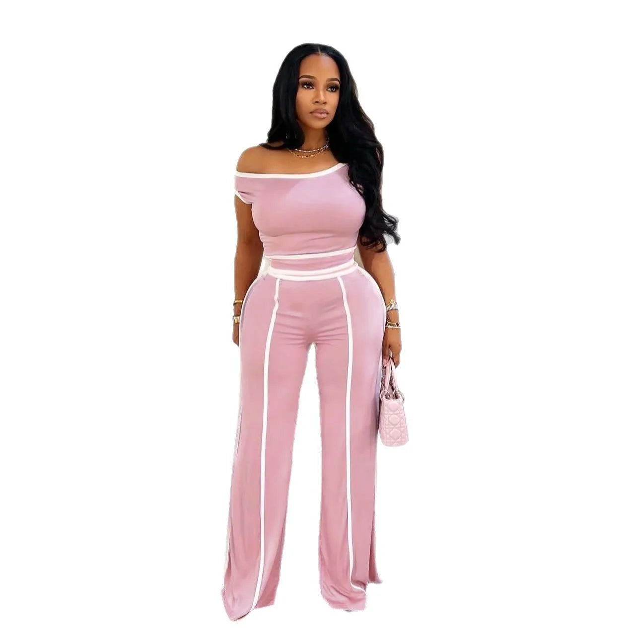 Pant Set Women Two Piece Sets Oblique Shoulder Short Sleeve Y2k Tops Wide Leg Long Pants High Tight Waist Elegant Streetwear - JN Fashion Fusion