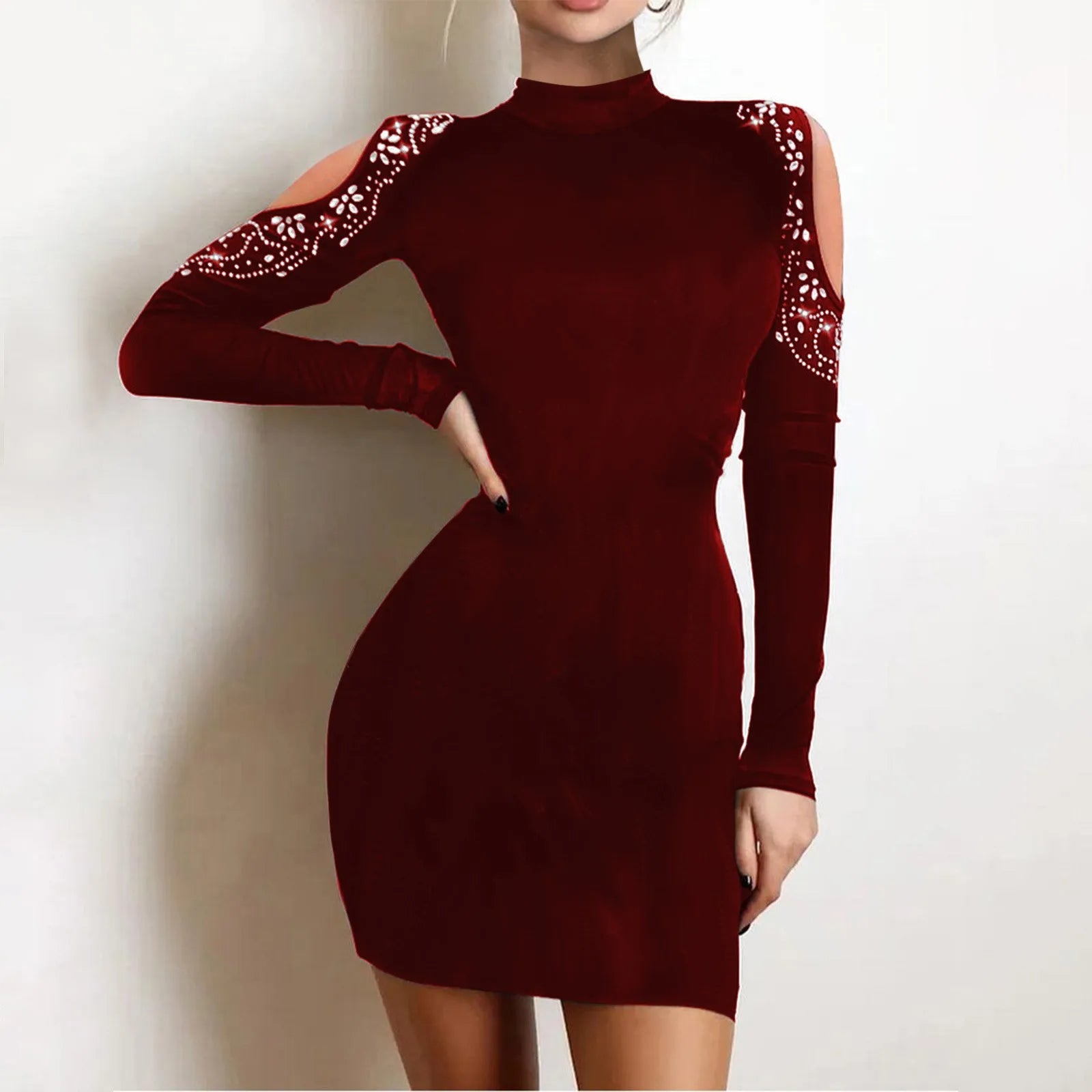 Party Dress Skinny Rhinestone Chain Pattern Cold Shoulder Bodycon Dress Ladies Wedding Guest Dresses Elegant Fall Outfits Women - JN Fashion Fusion