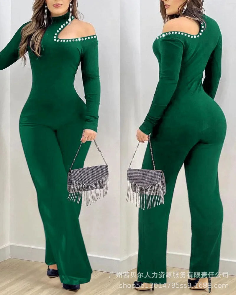 Rhinestone Jumpsuits Women Cold Shoulder High Neck High Waist Rompers Jumpsuit Long Sleeve Slim Fit Flared Pants Jumpsuit