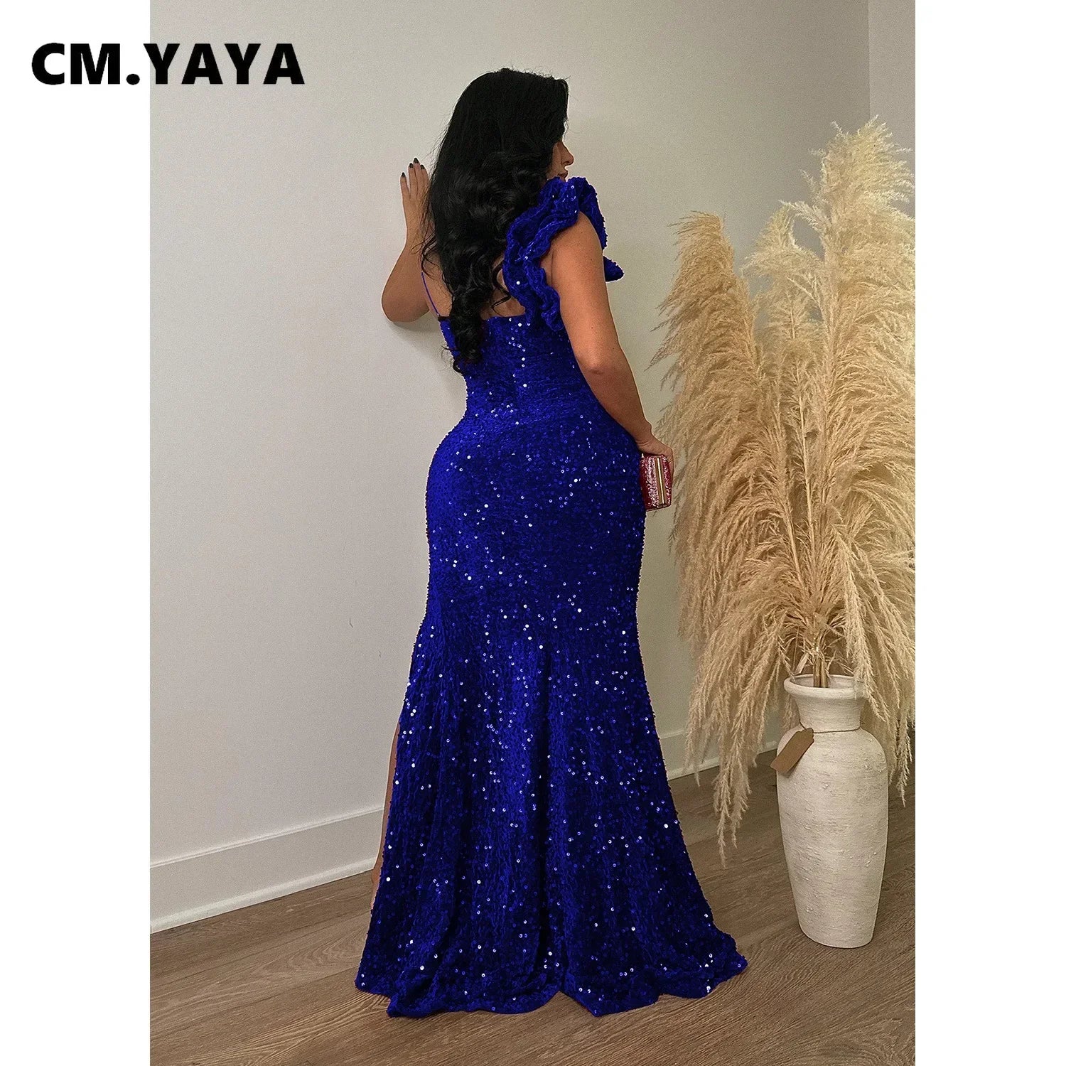 CM.YAYA Women One Shoulder Open Back Sequined High Side Split Mermaid Maxi Dress 2023 Sexy Club Evening Party Dresses Vestidos - JN Fashion Fusion