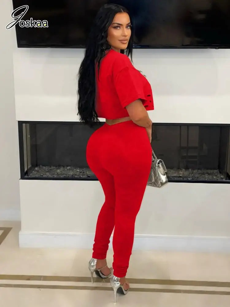 Joskaa Elegant 2 Piece Set Women Sexy Hollow Pin Short Sleeve Crop Tops and Pencil Pants Matching 2025 Summer Party Club Outfits - JN Fashion Fusion