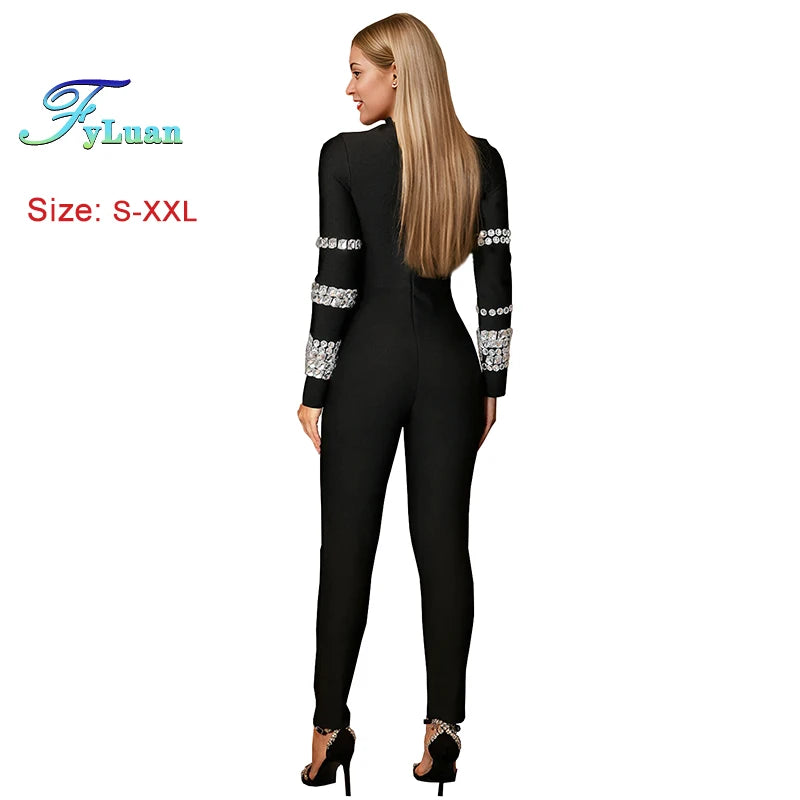 Slim Women Long Sleeve Jumpsuits With Diamonds Temperament Tracksuit Casual Solid Color Simple O NeckHoliday Women Outfit Pants