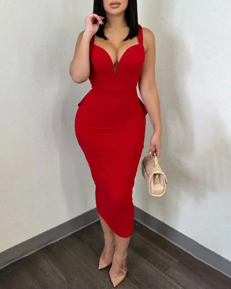 Elegant V-Neck Backless Midi Dress for Women 2025 Spring Sleeveless Bow Sexy Party Birthday Bodycon Dresses Vestidos - JN Fashion Fusion