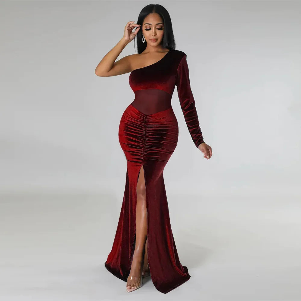CM.YAYA Women Velvet Mesh Patchwork One Shoulder Long Sleeve High Slit Floor Length Mermaid Bodycon Midi Sexy Party Club Dresses - JN Fashion Fusion